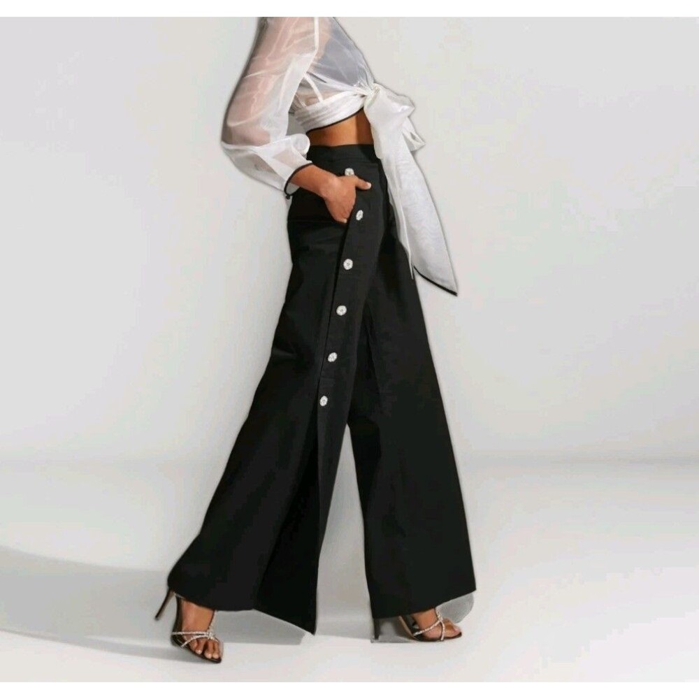 Anthropologie Corey Lynn Calter Side-Button Wide-Leg Pants High-waisted Black SM